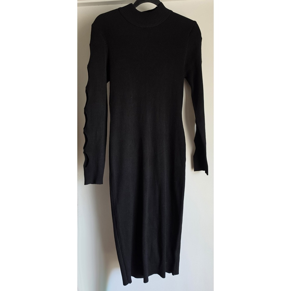 Brave Fame Black Mock Neck Ribbed Midi Dress Short Sleeve Bodycon Sheath
